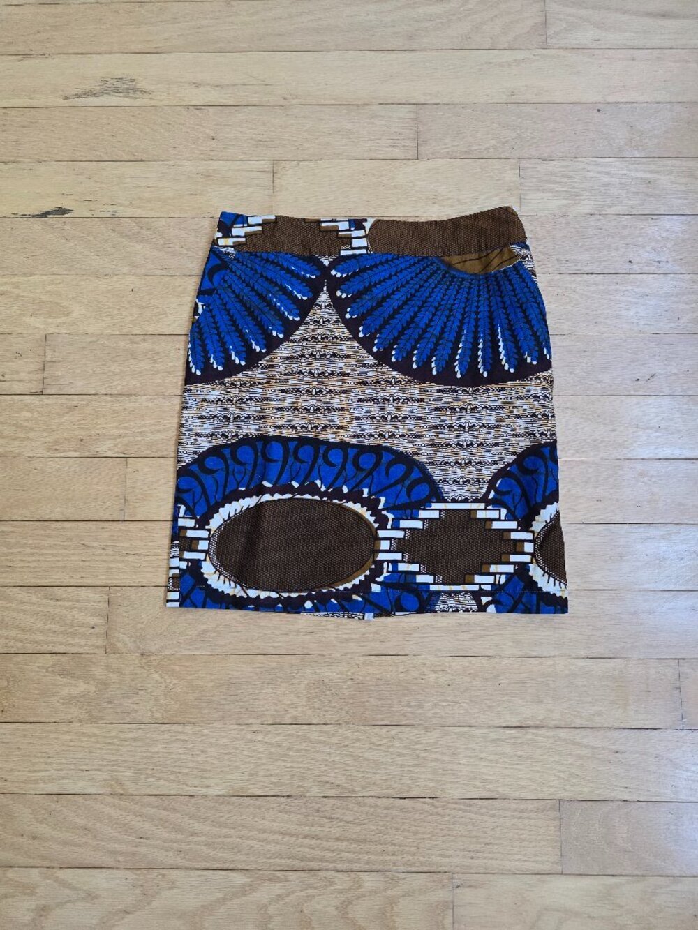 maximalist blue brown wax print boho pencil skirt | WMS S